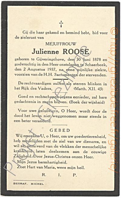 Julienne Roose, overleden te Schaerbeek, den 2 Augustus 1937 (59 jaar).